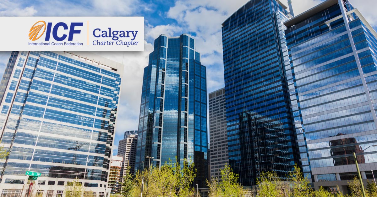 The ICF logo over top of the city of Calgary.
