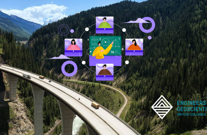 Webinar and BC Engineers and Geoscientists logo float over top of a mountain overpass.
