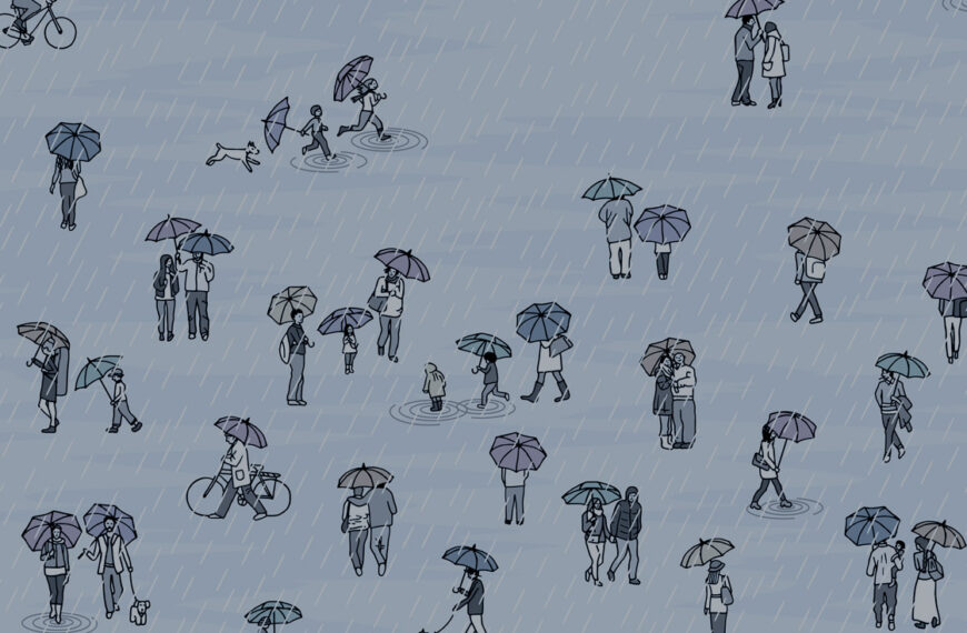 Many tiny people walk around in the rain with their umbrellas.