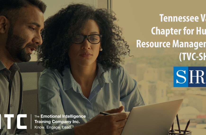 Two people work together on their computer, with words noting a webinar for the Tennessee Valley Chapter for Human Resource Management.