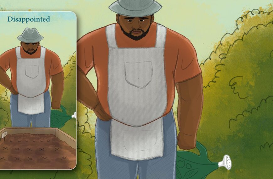 An illustration of a large Black man wearing a gardening apron and a dapper hat, holding a watering can, looking over his raised garden of lettuce and cucumber and tomatoes, but nothing has started to come up and he has an expression of disappointment and his body posture is also one of disappointment.