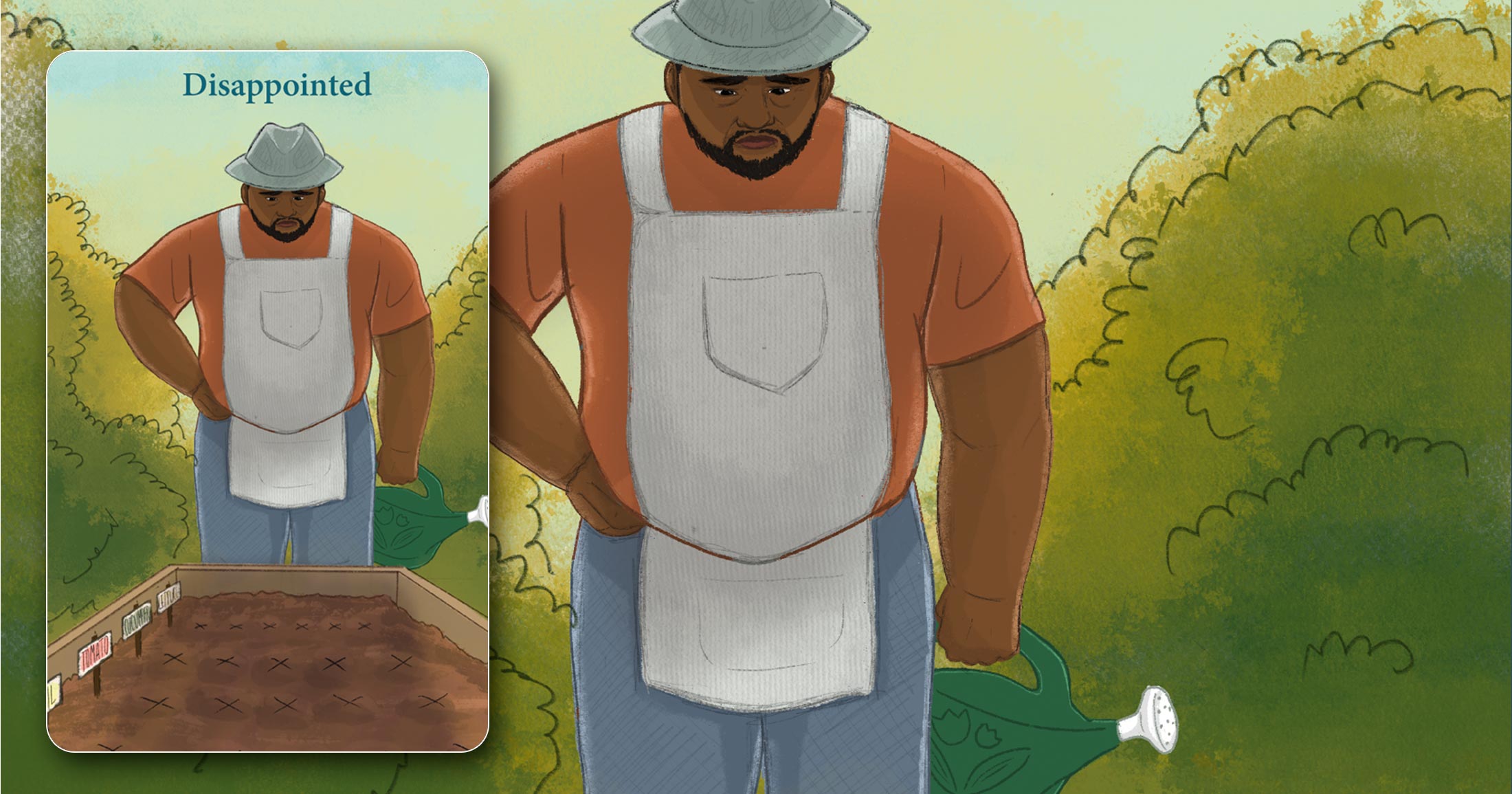 An illustration of a large Black man wearing a gardening apron and a dapper hat, holding a watering can, looking over his raised garden of lettuce and cucumber and tomatoes, but nothing has started to come up and he has an expression of disappointment and his body posture is also one of disappointment.
