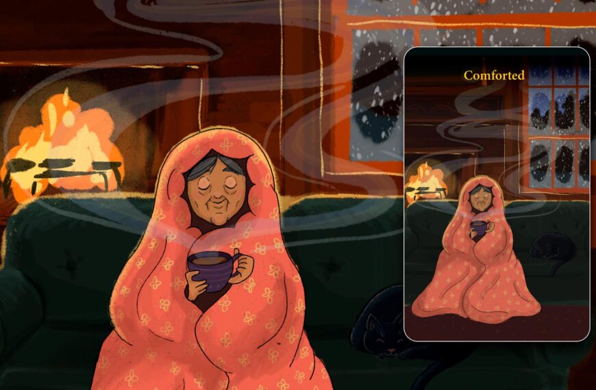 Illustration of person with their eyes closed holding a hot mug of a liquid and sitting in a cozy blanket; looking peaceful and contented.