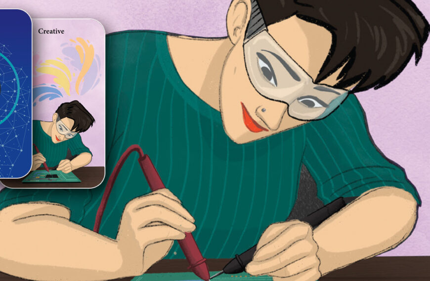 Illustration of an woman leaning over a chip or panel and they're working on it with a soldering iron or perhaps a multimeter.
