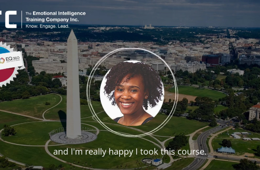 A screenshot of a video that shows Rainea's headshot against a darkened background photo of Washington D.C. with the EITC logos to the upper left.