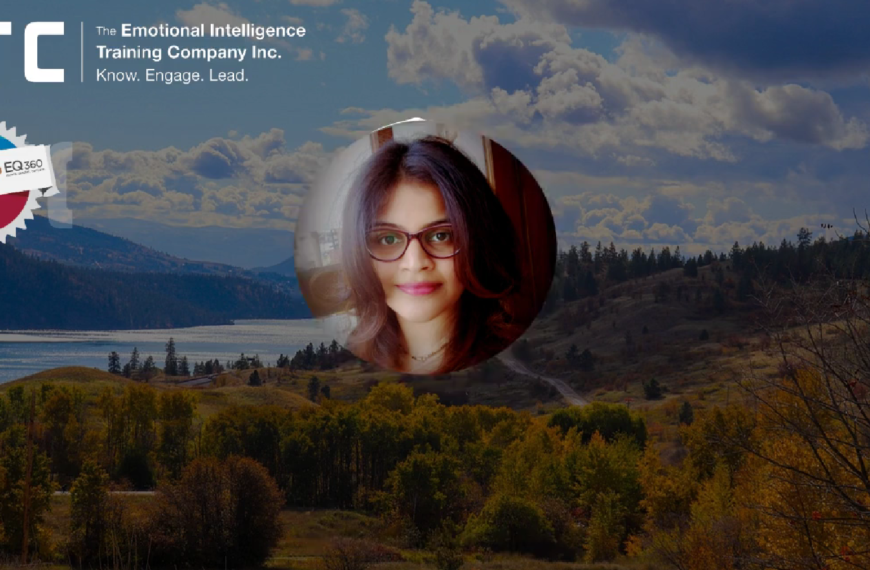 A screenshot of a video with Shweta Thakur's headshot in the centre against a darkened background showing Autumn-coloured trees going down to a body of water. The EITC logos are in the top left.