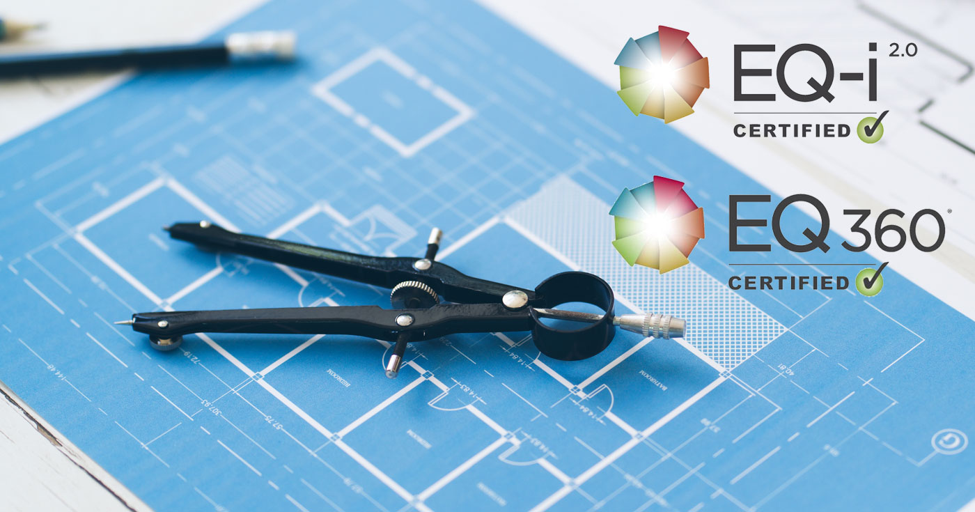 EQ-i 2.0 and EQ 360 logos float over top of a literal blueprint spread out on a desk.